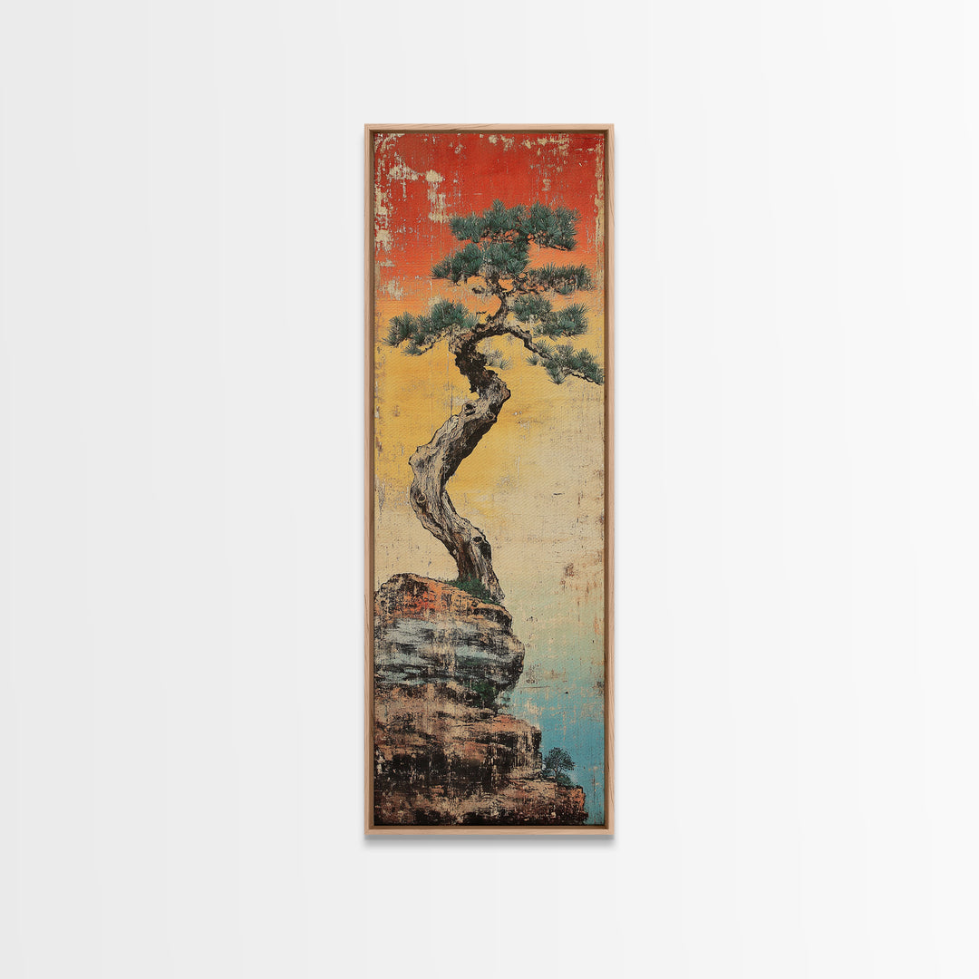 Weathered Bonsai Pine On Rocky Cliff With Red Sky Canvas Print, Japanese Wall Art, Wabi Sabi Decor, Zen Home Decor, Nature Art