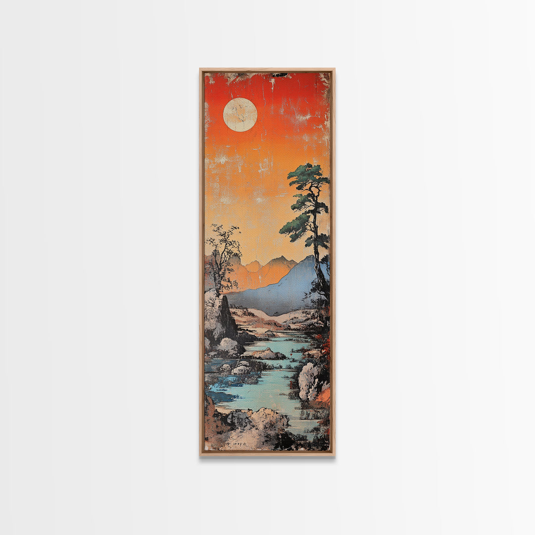 Moonlit Mountain River At Coral Sunset With Lone Pine Wall Art, Japanese Landscape Art, Rustic Decor, Nature Wall Decor Print