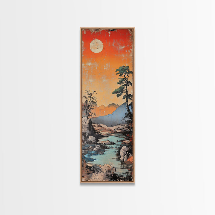 Moonlit Mountain River At Coral Sunset With Lone Pine Wall Art, Japanese Landscape Art, Rustic Decor, Nature Wall Decor Print