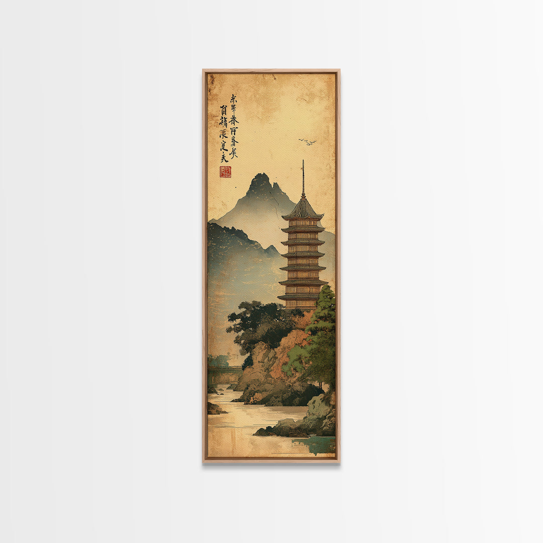 Japanese Pagoda Beside Misty Mountain Lake Framed Canvas Print, Asian Wall Art, Zen Decor, Traditional Home Decor, Japandi Art