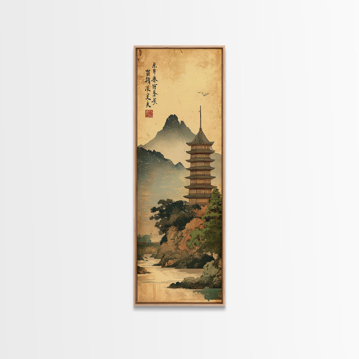 Japanese Pagoda Beside Misty Mountain Lake Framed Canvas Print, Asian Wall Art, Zen Decor, Traditional Home Decor, Japandi Art