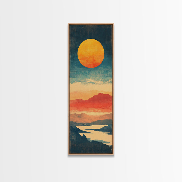 Golden Sun Over Coral Mountains And Reflective Lake Canvas Print, Abstract Landscape, Modern Wall Art, Coastal Decor, Home Decor