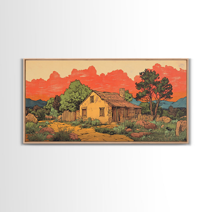 Adobe Desert Cabin At Red Sunset Wall Art, Rustic Southwestern Landscape Print, Western Home Decor, Large Canvas Wall Art