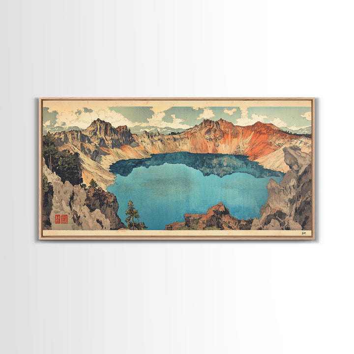 Turquoise Crater Lake And Rugged Mountain Wall Art, Japanese Landscape Print, Panoramic Canvas Art, Nature Home Decor, Large Wall Decor
