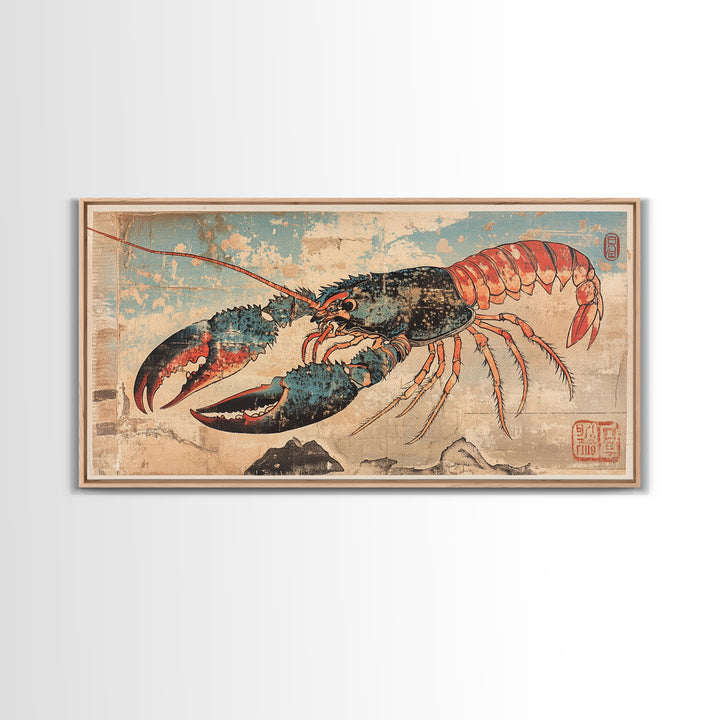 Blue And Coral Lobster With Large Claws Canvas Print, Coastal Kitchen Wall Art, Seafood Art Print, Nautical Home Decor, Beach House Decor