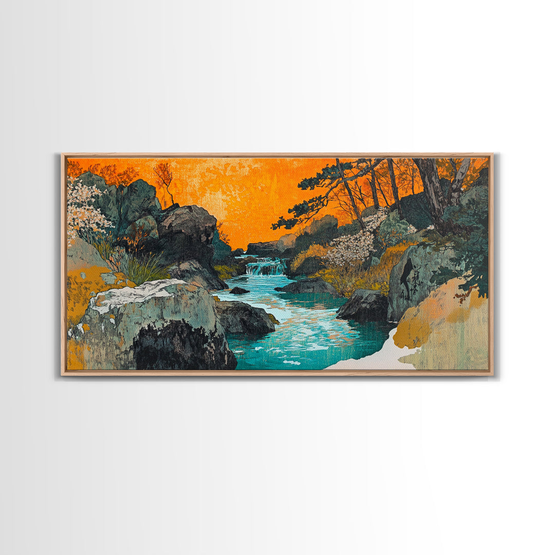Turquoise River Through Rocky Forest Canyon Wall Art, Japanese Landscape Print, Orange Sunset Decor, Nature Canvas Art, Living Room Decor