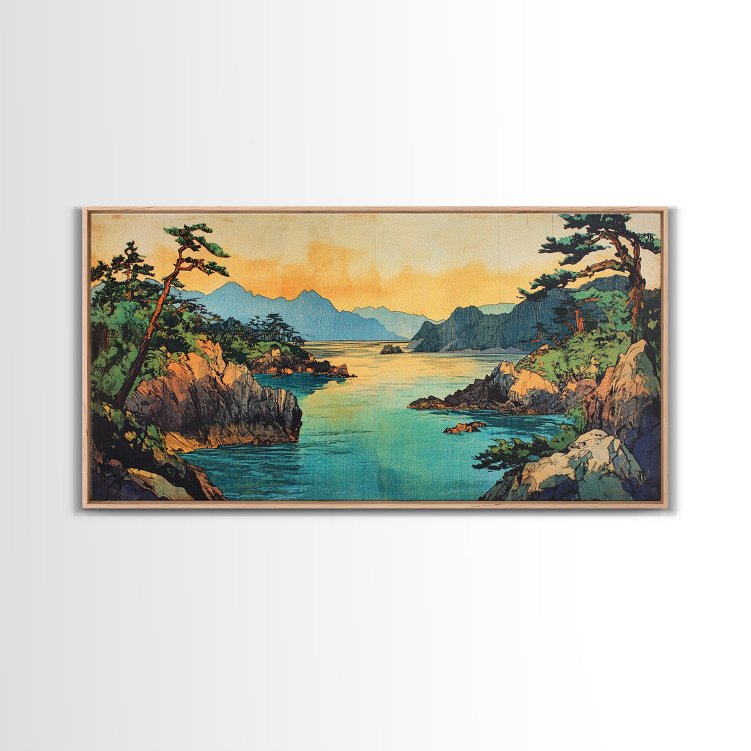 Pine Coastline With Blue Bay And Distant Mountains Wall Art, Japanese Seascape Print, Coastal Home Decor, Large Canvas Art