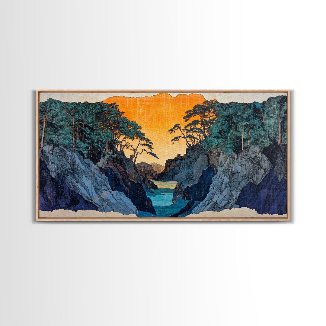 Rocky Blue Canyon River At Orange Sunset Wall Art, Japanese Landscape Print, Moody Nature Decor, Panoramic Canvas Art, Living Room Art
