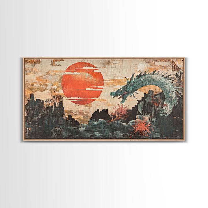 Teal Dragon Over Red Sun Mountains Framed Canvas Print, Asian Fantasy Wall Art, Japanese Decor, Dramatic Living Room Art