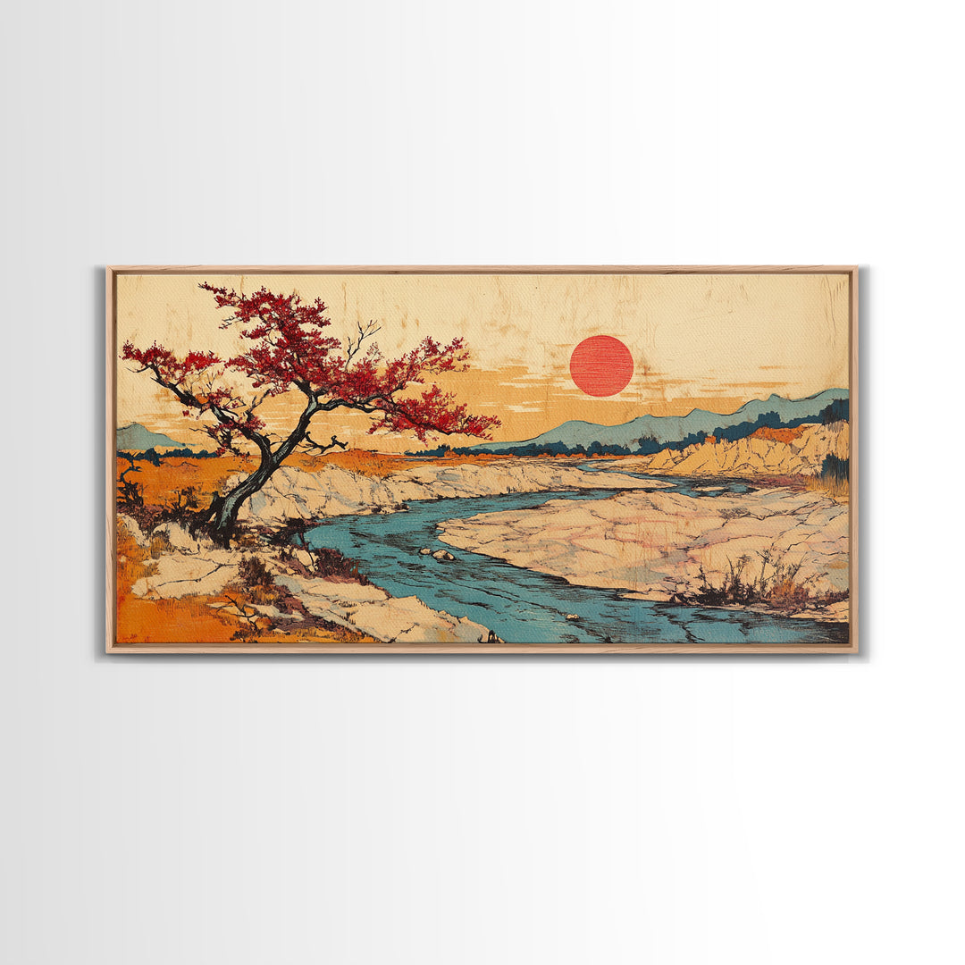 Cherry Tree Desert River Sunset Framed Canvas Print, Japanese Landscape Wall Art, Mountain Wall Decor, Rustic Home Decor