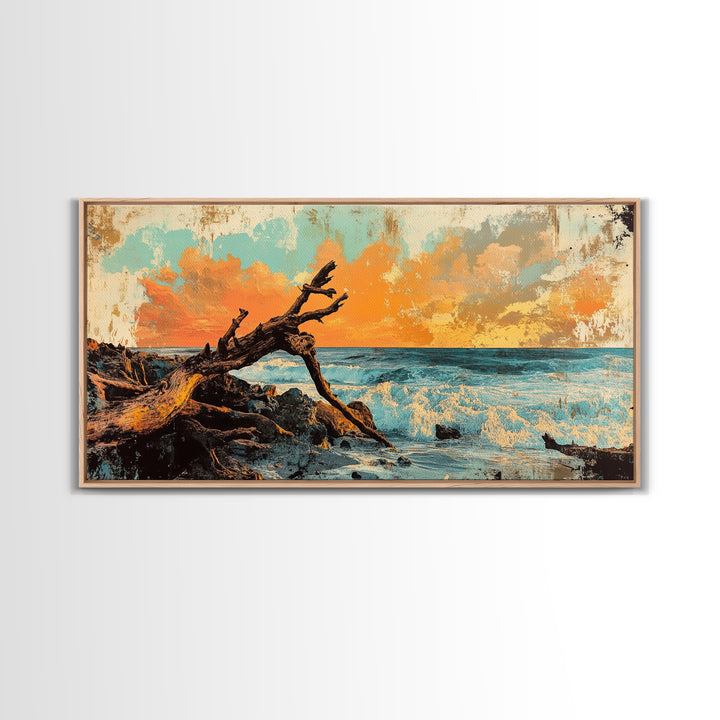Driftwood Ocean Sunset Seascape Framed Canvas Print, Coastal Wall Art, Beach House Decor, Nautical Living Room Decor, Gift For Her