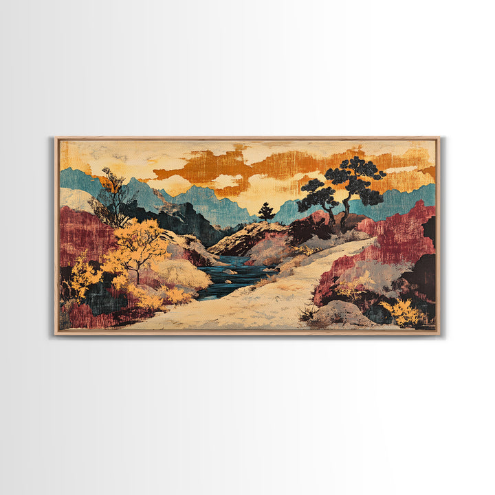 Colorful Canyon River Mountains Framed Canvas Print, Southwest Landscape Wall Art, Rustic Desert Decor, Large Wall Art Print