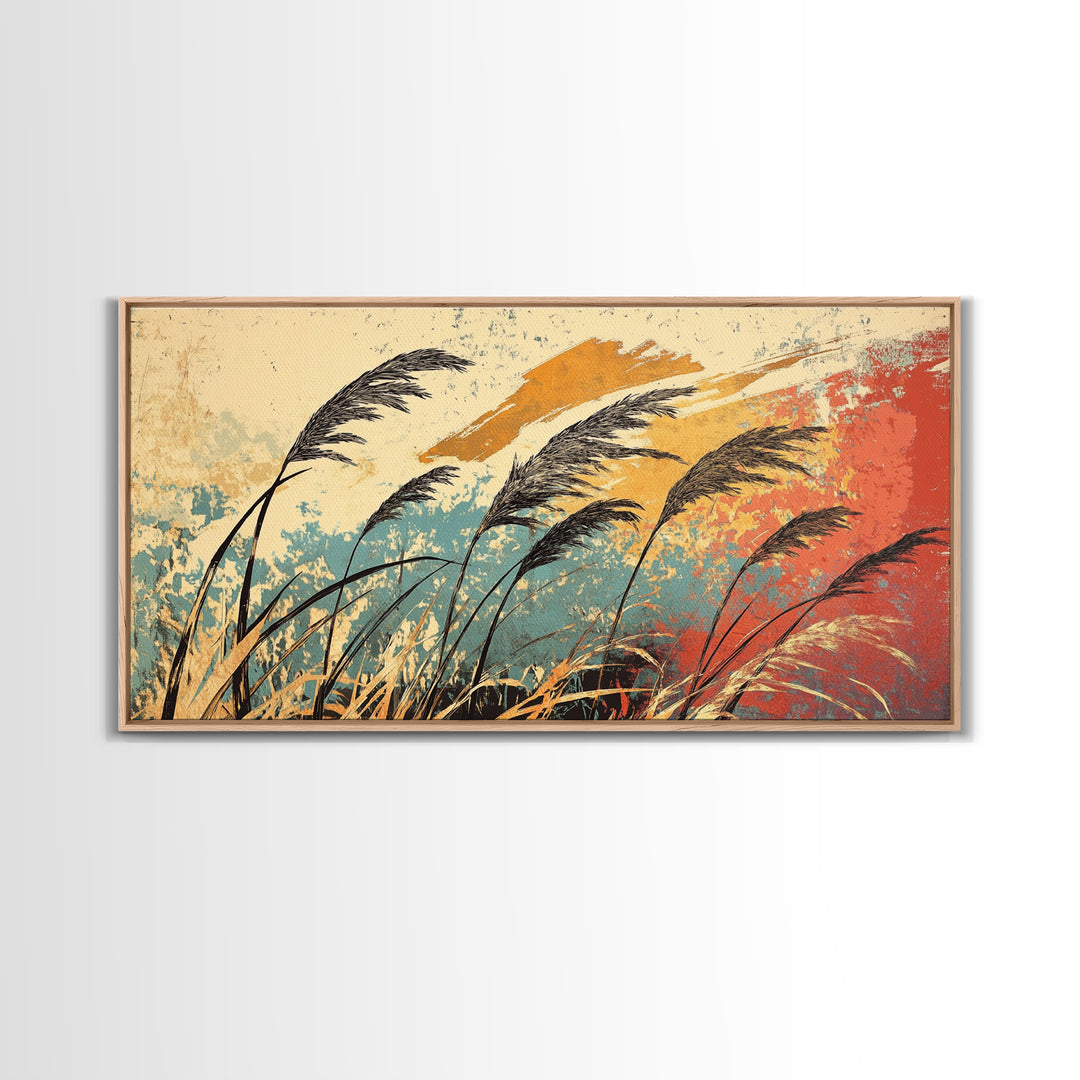 Windblown Reeds In Teal And Rust Wall Art, Japanese Inspired Abstract Landscape, Boho Living Room Decor, Large Canvas Print