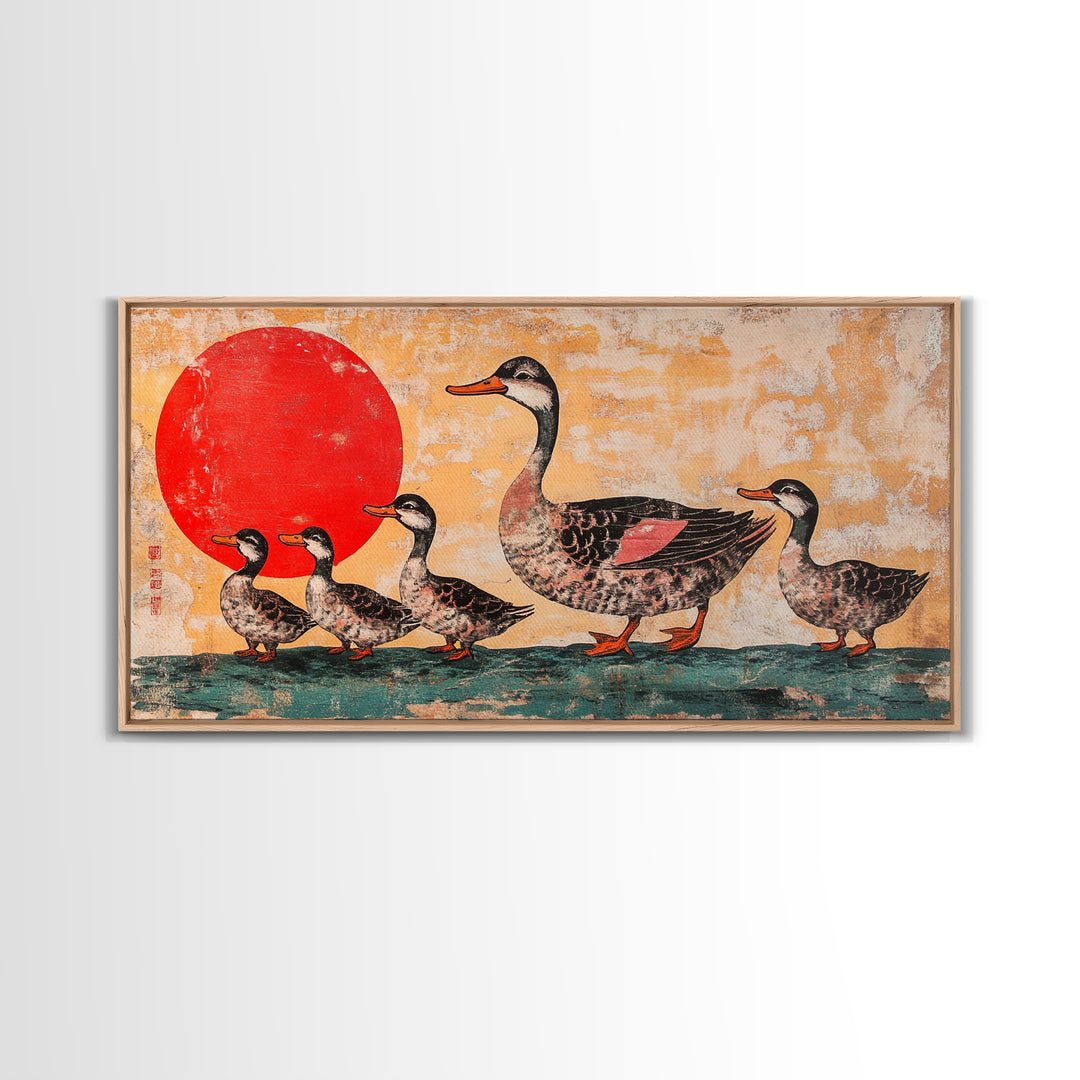 Mallard Duck Family With Red Sun Wall Art, Japanese Bird Art Print, Whimsical Animal Decor, Nursery Or Kitchen Canvas Print