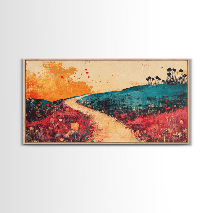 Sunlit Path Through Teal Hills Wall Art, Abstract Landscape Print, Colorful Wildflower Decor, Boho Living Room Canvas Print
