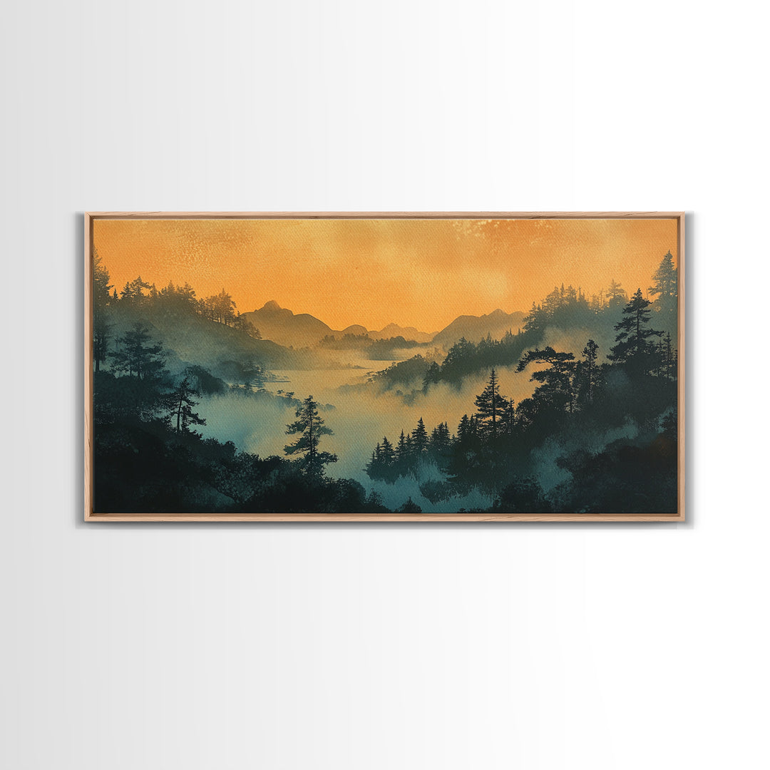 Misty Mountain Forest At Sunrise Wall Art, Japanese Landscape Print, Moody Nature Decor, Serene Bedroom Framed Canvas Print