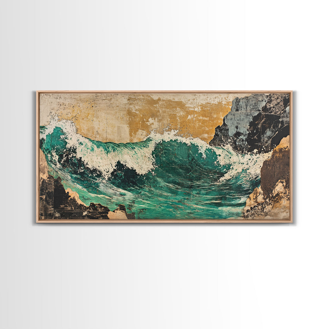 Turquoise Ocean Wave Between Cliffs Wall Art, Japanese Seascape Print, Coastal Beach House Decor, Large Framed Canvas Print