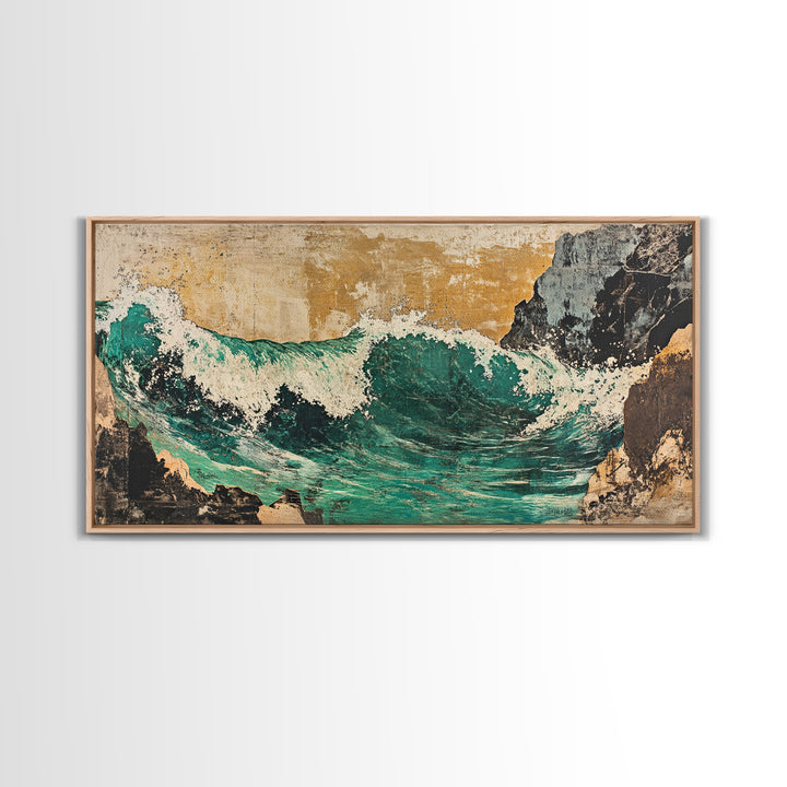 Turquoise Ocean Wave Between Cliffs Wall Art, Japanese Seascape Print, Coastal Beach House Decor, Large Framed Canvas Print