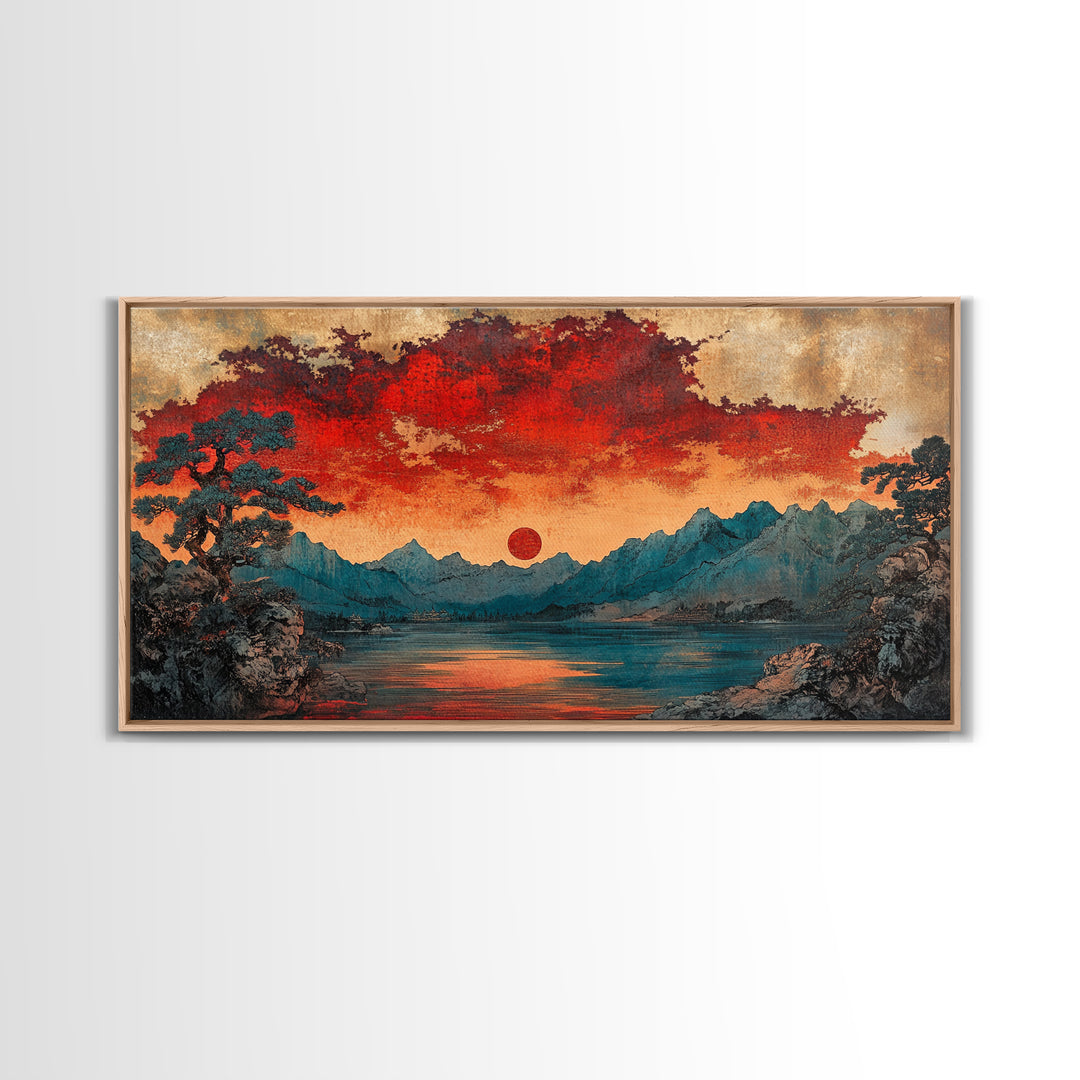 Red Sun Mountain Lake Wall Art, Japanese Landscape Print, Moody Sunset Canvas, Asian Inspired Living Room Home Decor