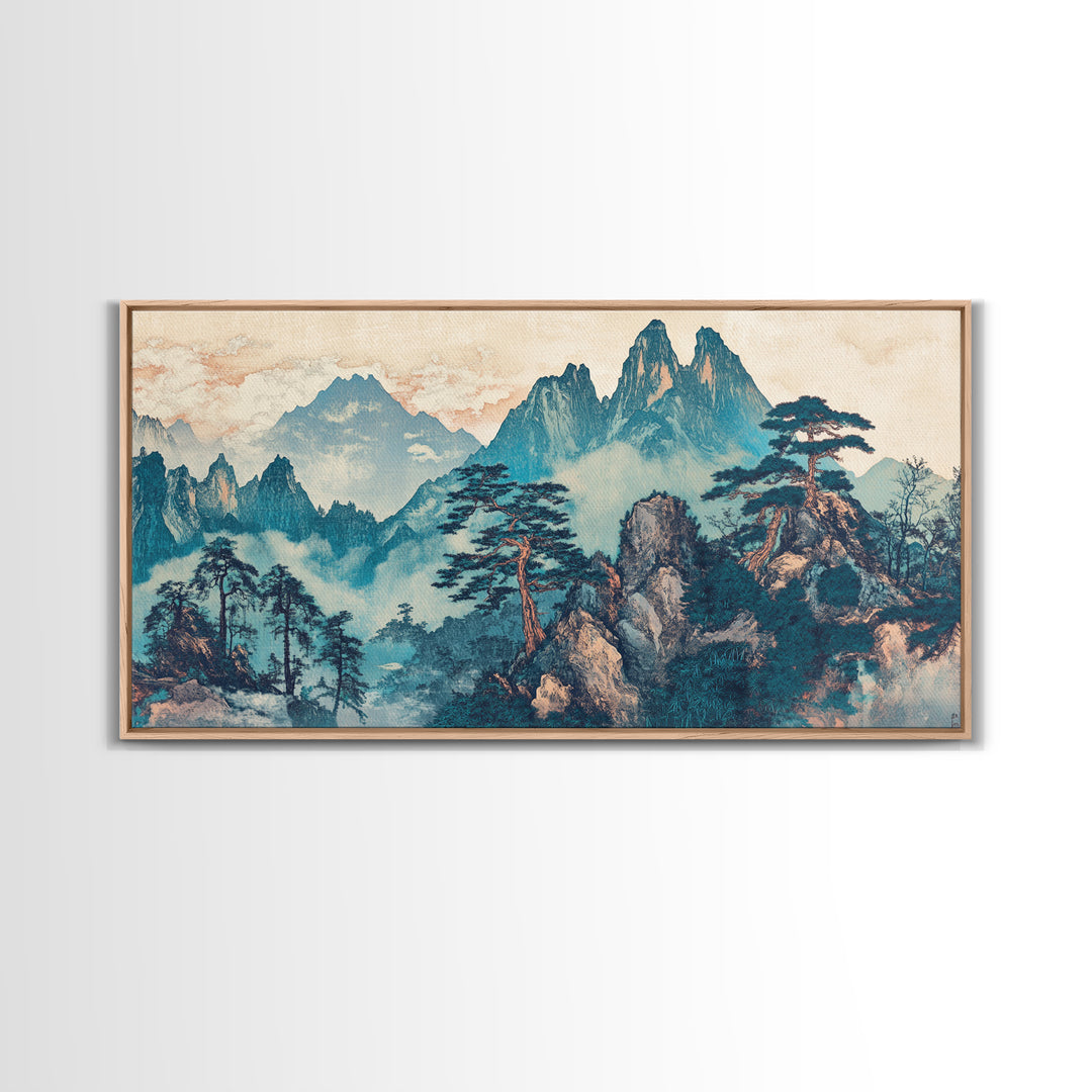 Misty Mountain Pine Wall Art, Japanese Landscape Print, Blue Green Nature Canvas, Zen Living Room Decor Home Decor Office Decor