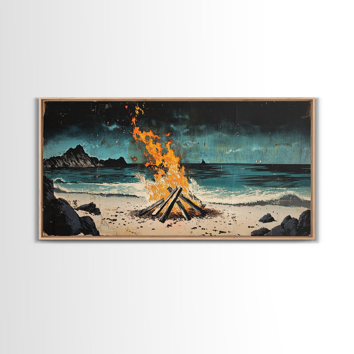 Beach Bonfire Wall Art, Coastal Campfire Canvas Print, Ocean Night Seascape, Rustic Cabin Decor, Man Cave Decor Home Decor Gift