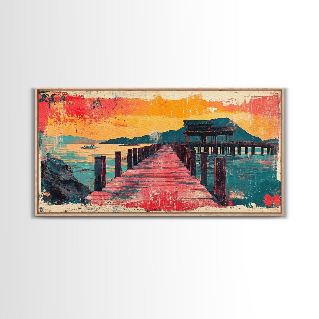 Red Pier Sunset Wall Art, Japanese Coastal Landscape Print, Teal Ocean Canvas, Asian Inspired Home Decor For Living Room