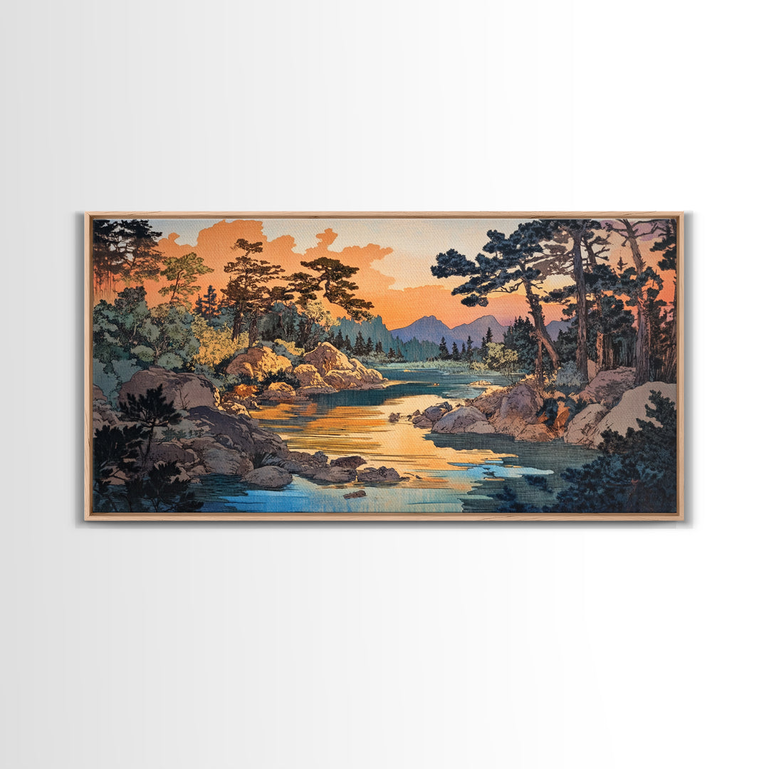 Golden River Forest Wall Art, Japanese Landscape Print, Pine Woodland Canvas, Nature Inspired Living Room Home Decor Gift
