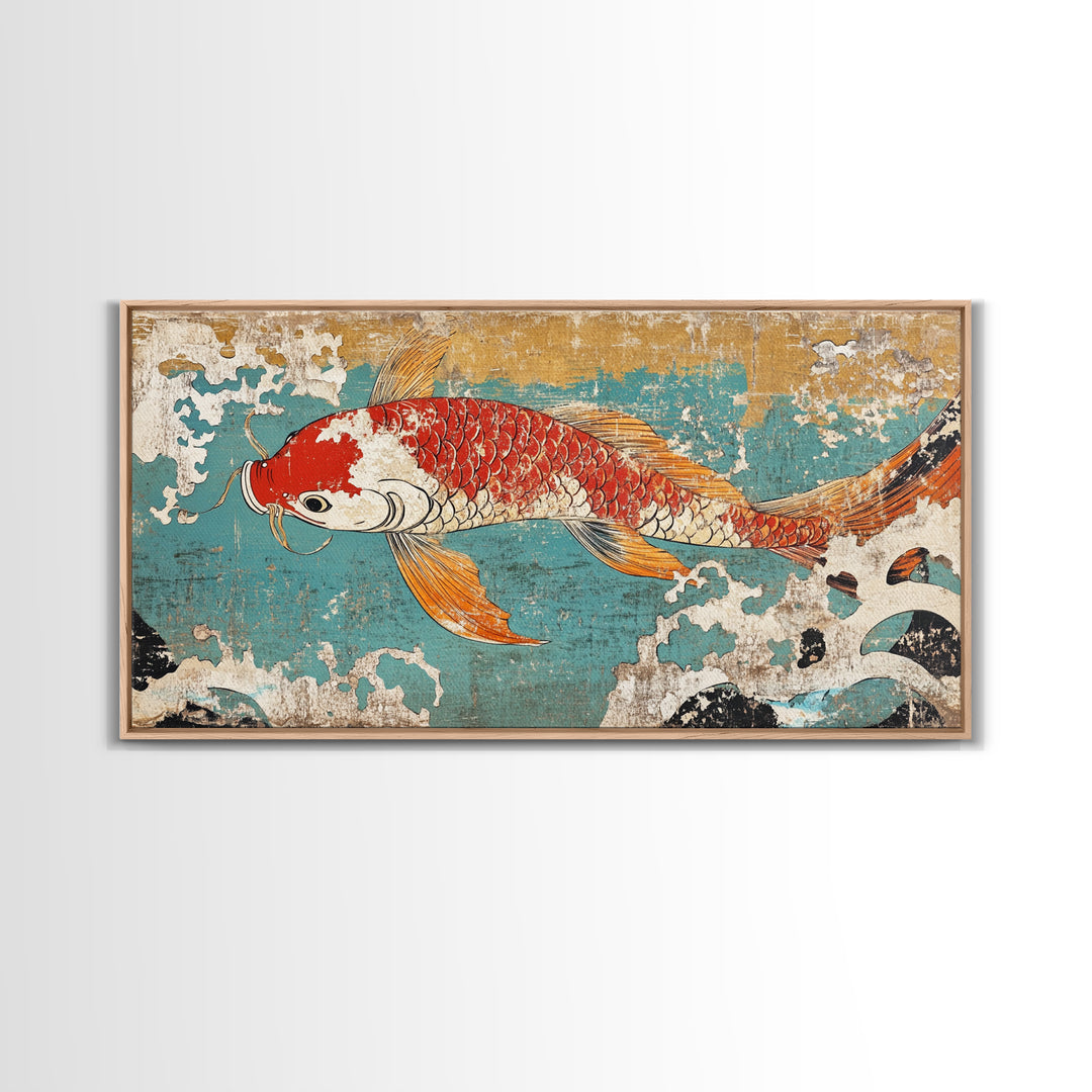 Red Koi Fish In Turquoise Waves Canvas Print, Japanese Wall Art, Coastal Decor, Nautical Home Decor, Large Living Room Art