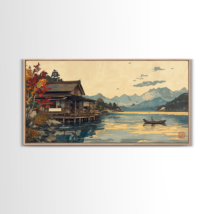Japanese Lakeside Cabin With Boat Framed Canvas Print, Mountain Landscape Wall Art, Japandi Decor, Serene Living Room Decor