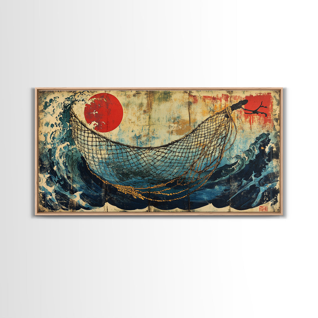 Fishing Net Over Stormy Blue Waves Canvas Print, Japanese Seascape Wall Art, Nautical Decor, Coastal Living Room Art