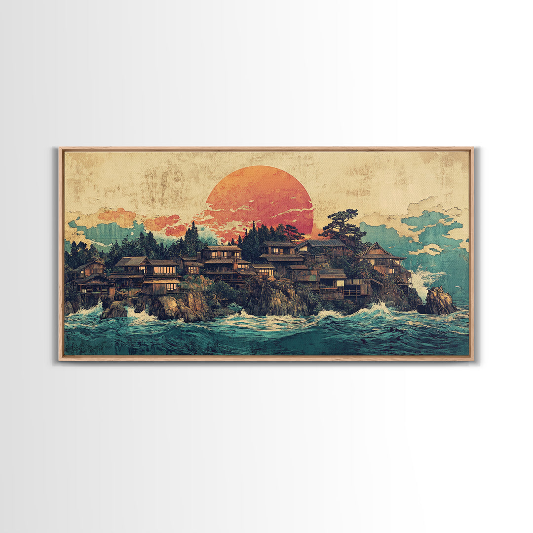 Japanese Coastal Village At Sunset Canvas Print, Ocean Wall Art, Seascape Decor, Japandi Living Room Wall Decor Gift