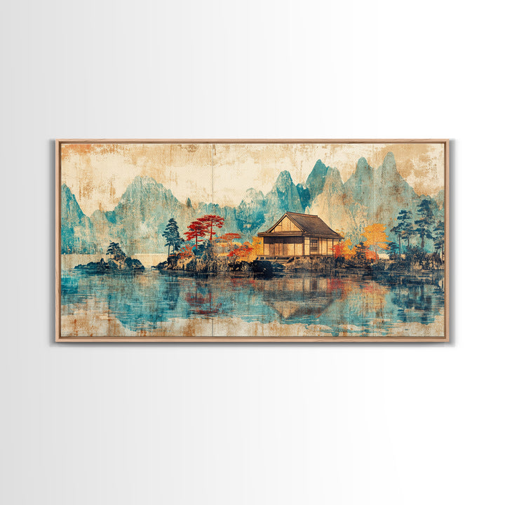 Quiet Lake House With Misty Mountains Framed Canvas Print, Japanese Landscape Wall Art, Japandi Decor, Serene Home Decor