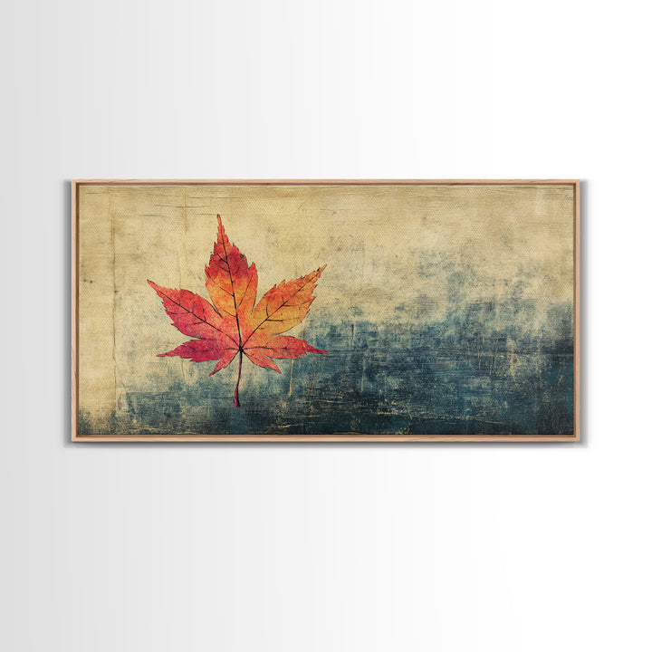 Red Maple Leaf On Textured Blue Background Canvas Print, Japanese Botanical Wall Art, Autumn Decor, Minimalist Nature Print