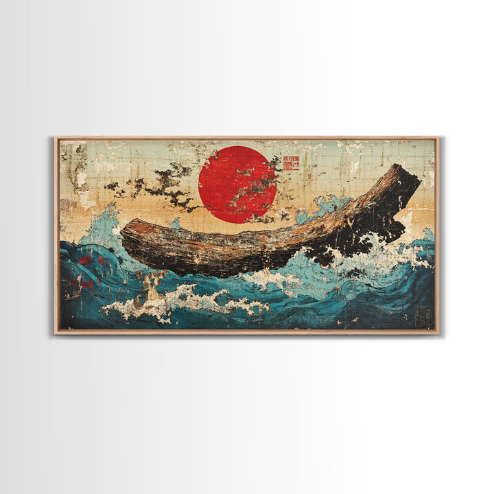 Driftwood Log In Blue Ocean Waves Canvas Print, Japanese Nautical Wall Art, Rustic Coastal Decor, Modern Seascape Art Print