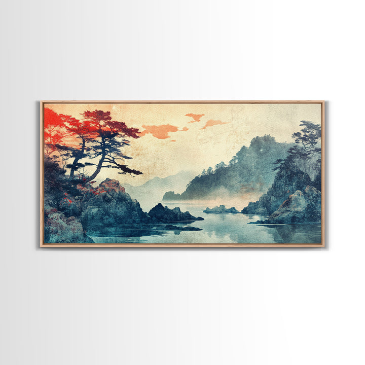Misty Japanese Cove With Pines Canvas Print, Mountain Lake Landscape Wall Art, Serene Japandi Decor, Large Living Room Art