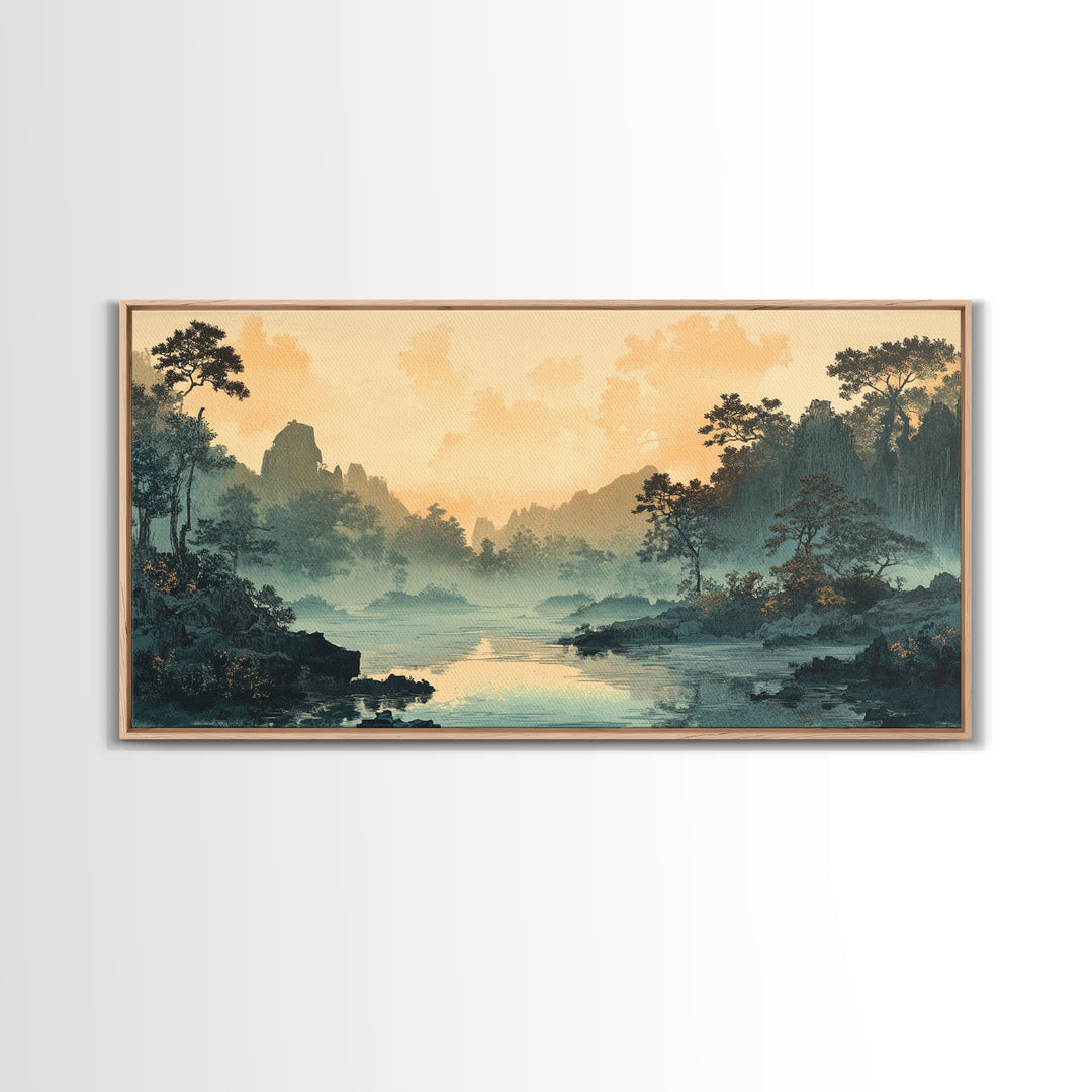 Misty River Valley Sunrise Wall Art, Japanese Landscape Print, Zen Home Decor, Panoramic Canvas For Living Room, Nature Wall Decor Gift