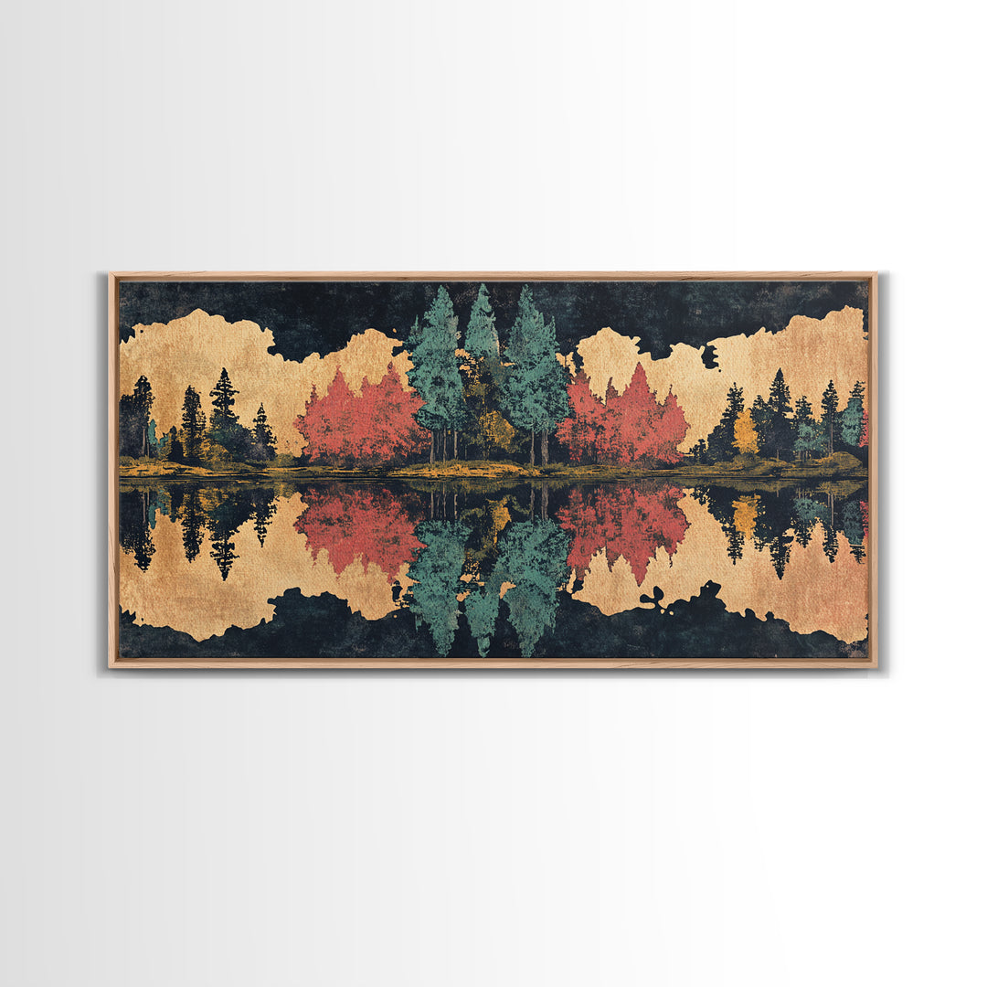 Autumn Forest Lake Reflection Wall Art, Abstract Landscape Print, Panoramic Canvas Decor For Living Room And Cabin, Rustic Home Decor Gift