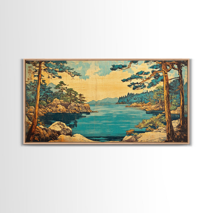 Rocky Pine Coast And Blue Lake Framed Canvas Print, Japanese Landscape Wall Art, Coastal Nature Decor For Living Room, Beach House Gift