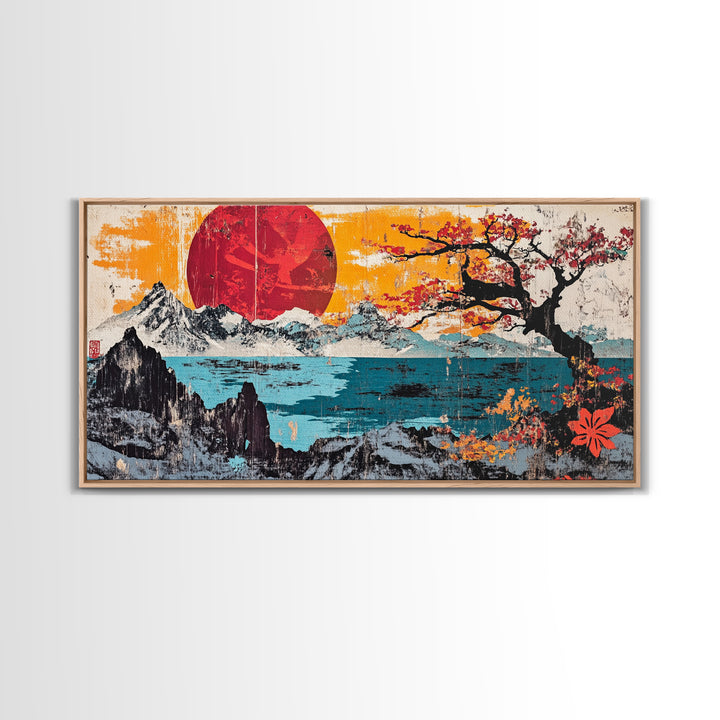 Red Sun Snowy Mountains Wall Art, Japanese Cherry Blossom Seascape Print, Bold Asian Home Decor, Large Canvas For Living Room