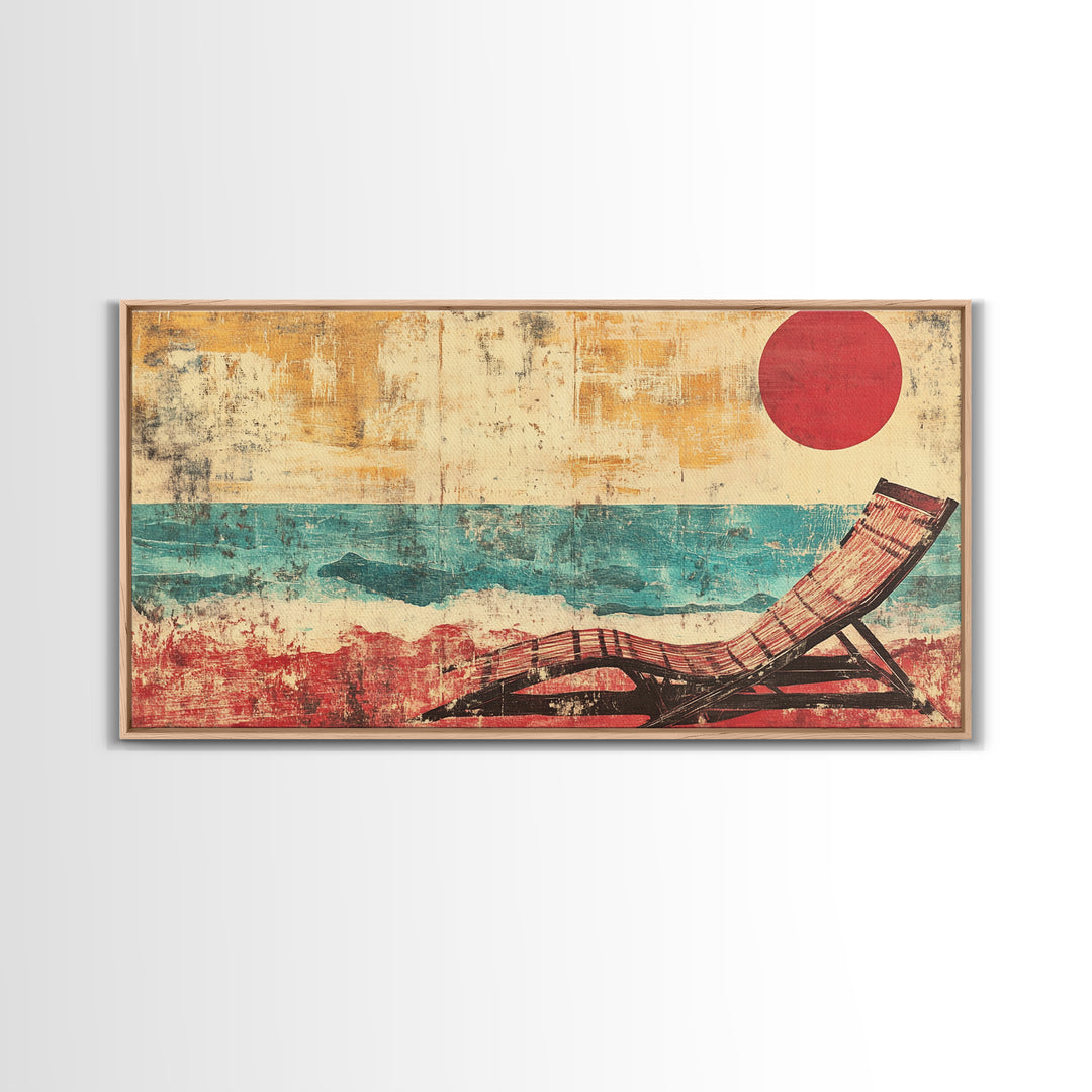 Red Sun Beach Chair Canvas Print, Coastal Wall Art, Ocean Waves Poster, Summer Beach House Decor For Bedroom And Living Room