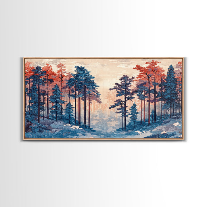 Misty Blue Pine Forest With Coral Autumn Trees Wall Art, Nature Landscape Print, Scandinavian Decor, Cozy Bedroom Wall Decor