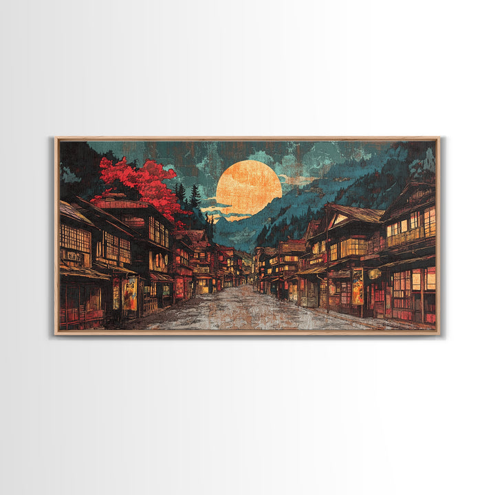 Moonlit Japanese Village Street With Red Maple Trees Framed Canvas Print, Japandi Wall Art, Moody Living Room Wall Decor