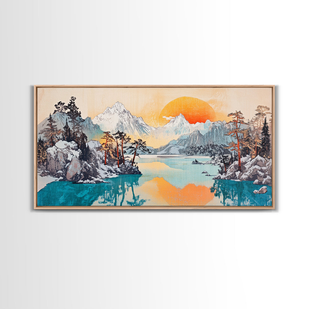 Serene Alpine Lake With Snowy Peaks And Orange Sun Framed Canvas Print, Mountain Wall Art, Japandi Nature Living Room Home Decor