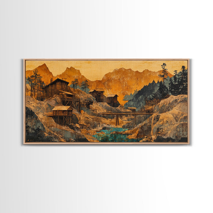 Rustic Mountain Mining Village Framed Canvas Print, Japanese Landscape Wall Art, Cabin Decor, Office Decor, Housewarming Gift