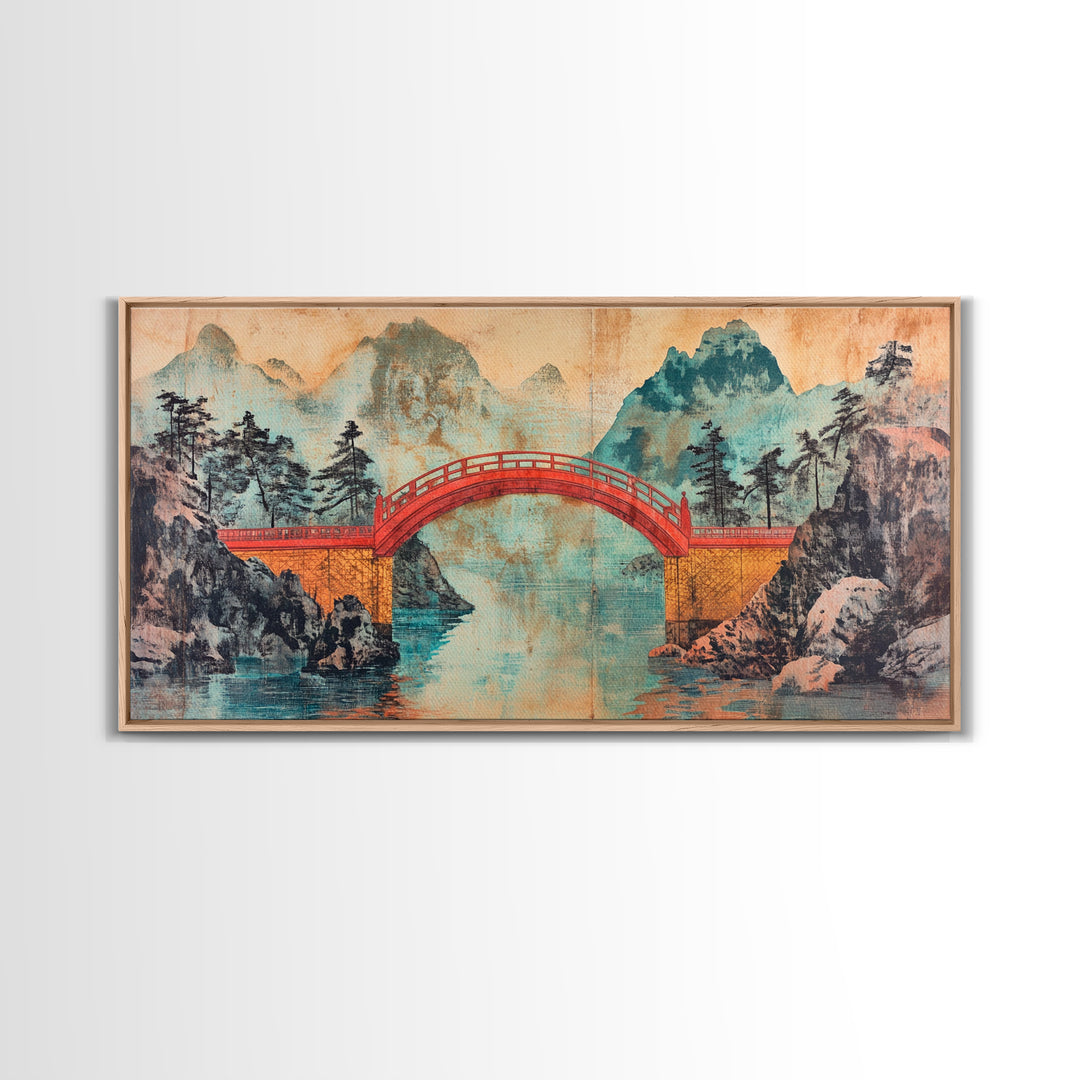 Red Arch Bridge Mountain Lake Canvas Print, Japanese Wall Art, Serene Landscape Art, Zen Home Decor, Living Room Wall Decor