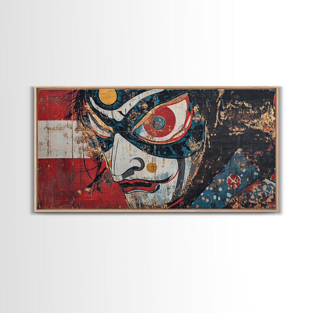 Kabuki Mask Theater Face Framed Canvas Print, Japanese Wall Art, Dramatic Wall Decor, Asian Inspired Art, Statement Artwork
