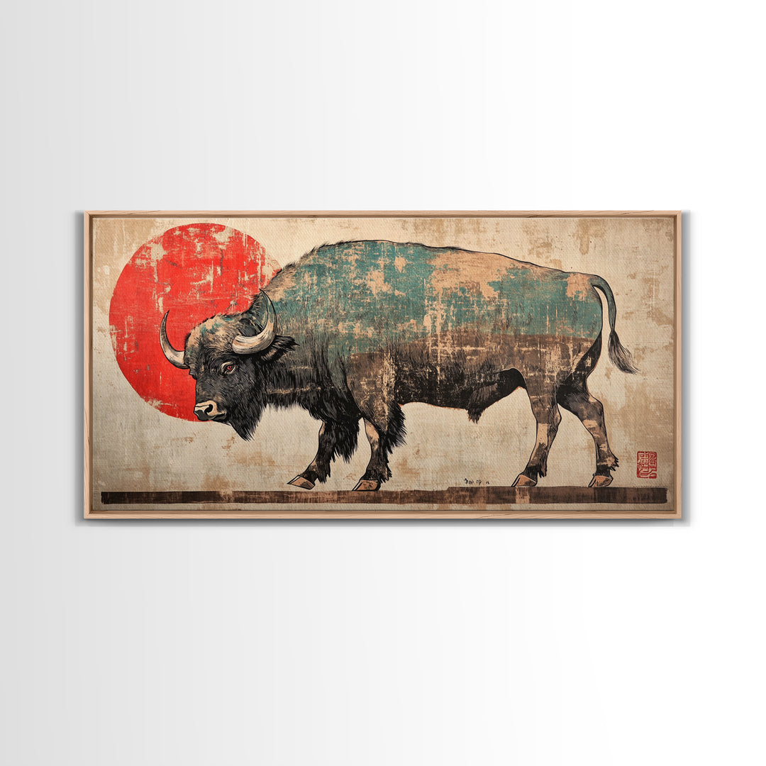 Walking Bison Red Sun Canvas Print, Western Wall Art, Buffalo Art Print, Rustic Home Decor, Masculine Office Wall Decor, Gift For Him