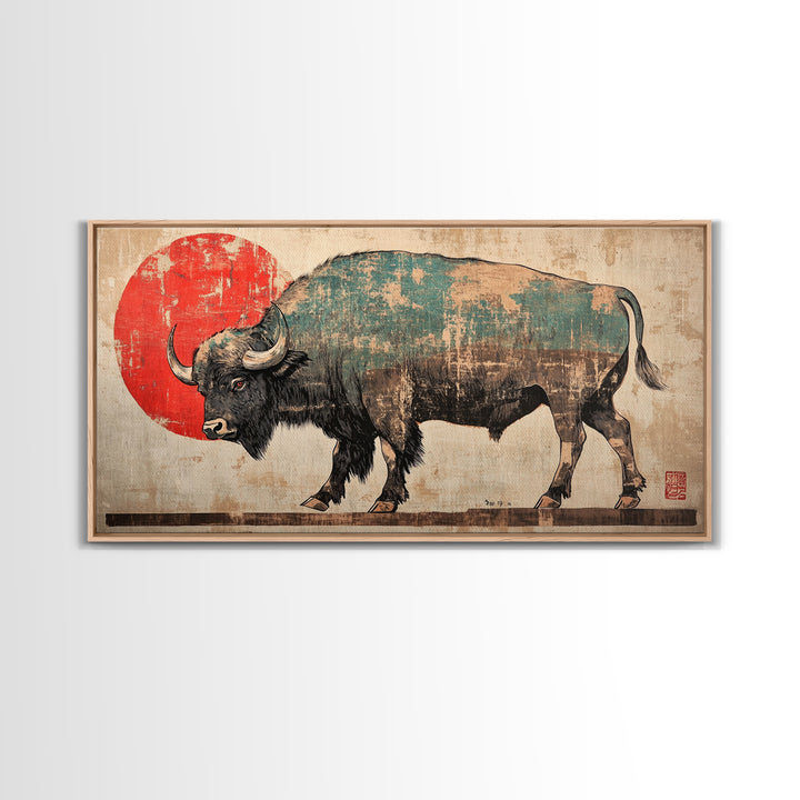Walking Bison Red Sun Canvas Print, Western Wall Art, Buffalo Art Print, Rustic Home Decor, Masculine Office Wall Decor, Gift For Him