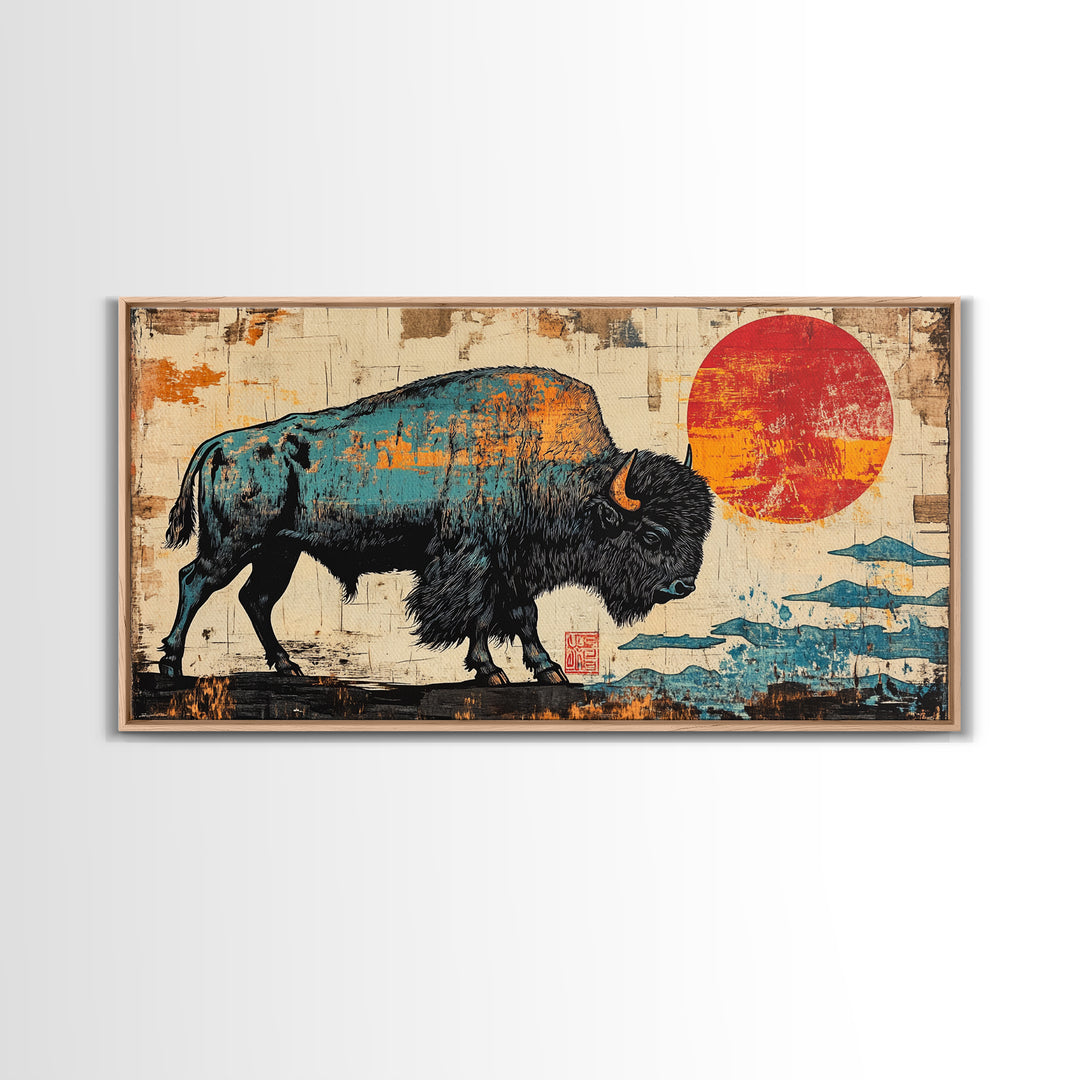 Textured Bison Red Sun Framed Canvas Print, Western Wall Art, Buffalo Wall Decor, Rustic Farmhouse Decor, Gift For Him, Office Decor