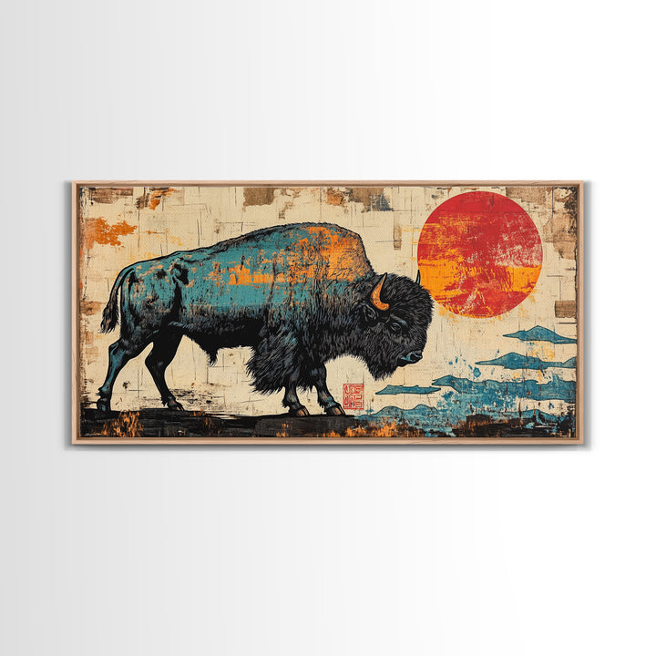 Textured Bison Red Sun Framed Canvas Print, Western Wall Art, Buffalo Wall Decor, Rustic Farmhouse Decor, Gift For Him, Office Decor